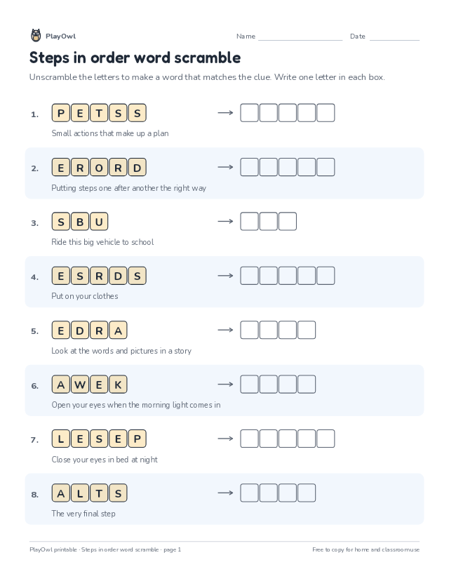 Steps in order word scramble: word scramble for Grade 1, page 1 preview