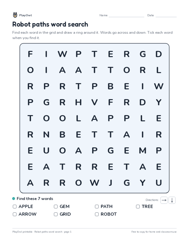 Robot paths word search: word search for Grade 1, page 1 preview
