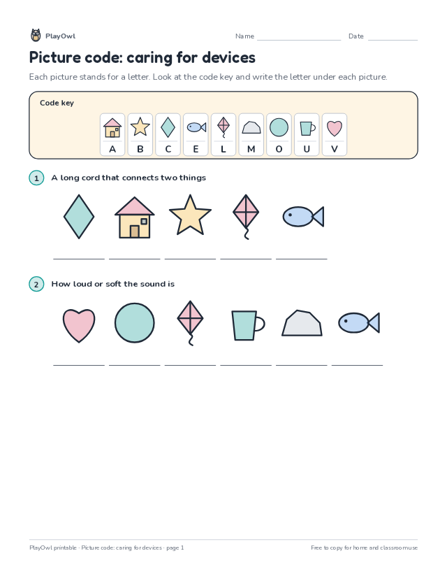 Picture code: caring for devices: secret code puzzle for Grade 1, page 1 preview