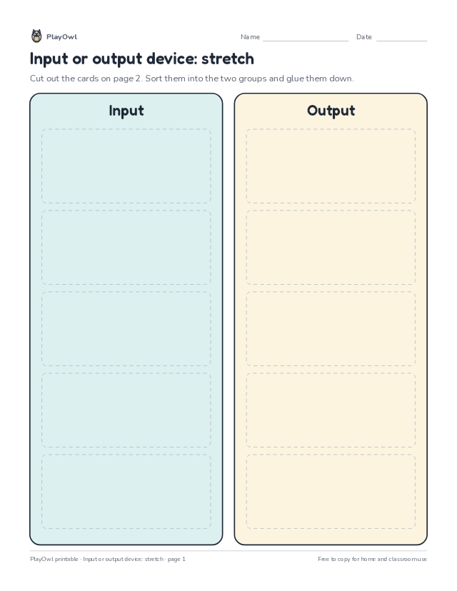 Input or output device: stretch: cut-and-sort worksheet for Grades 1–2, page 1 preview