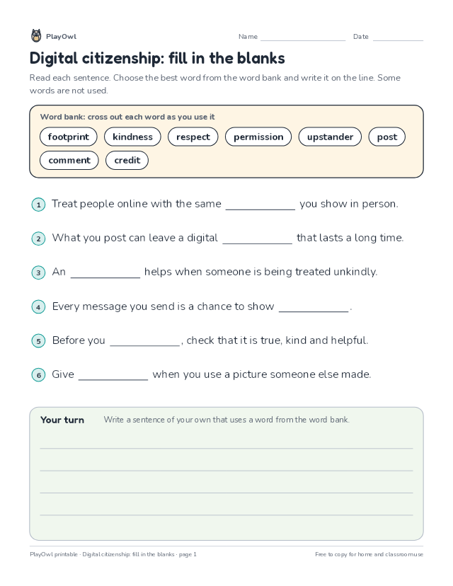 Digital citizenship: fill in the blanks: fill-in-the-blank worksheet for Grades 1–2, page 1 preview