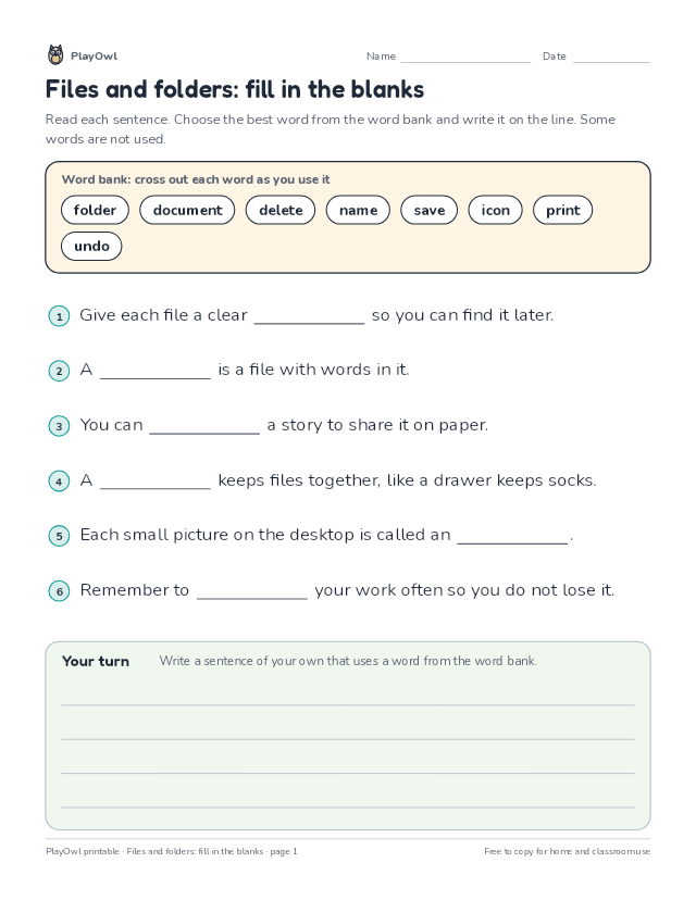 Files and folders: fill in the blanks: fill-in-the-blank worksheet for Grade 1, page 1 preview