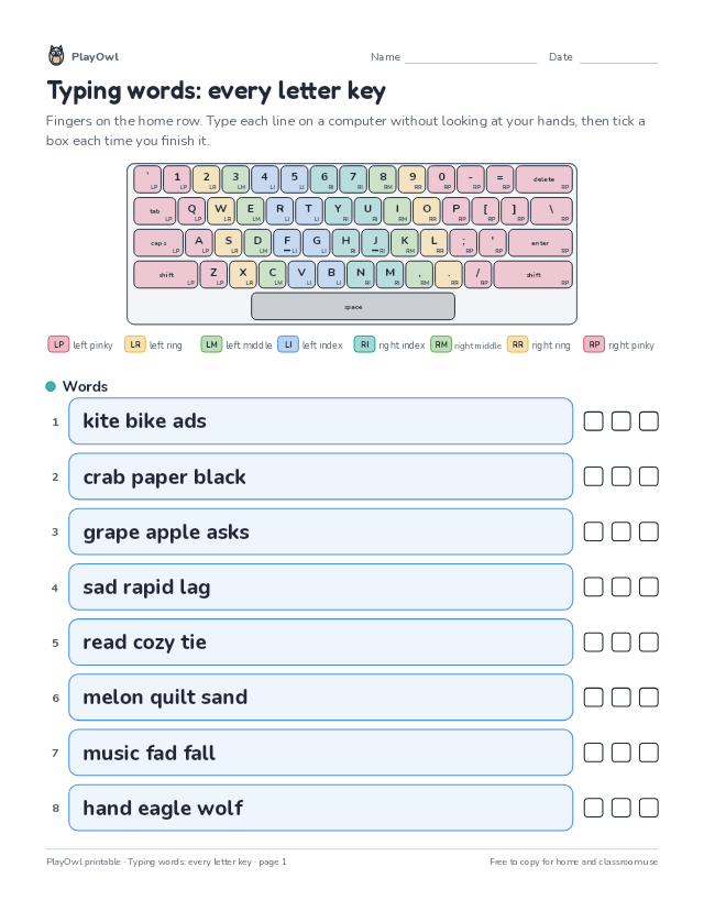Typing words: every letter key: typing worksheet for Grade 1, page 1 preview