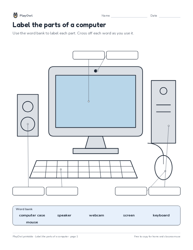 Label the parts of a computer: computer diagram worksheet for Grade 1, page 1 preview