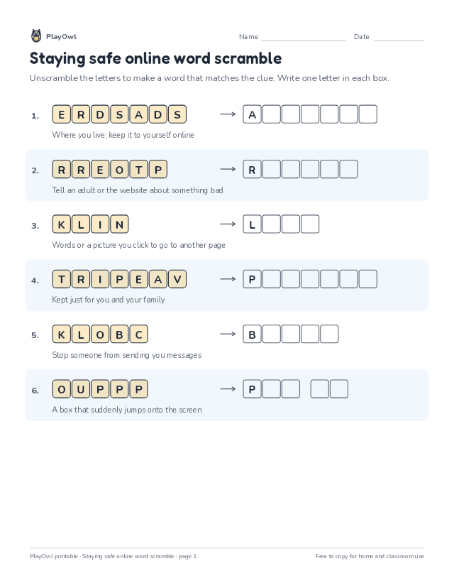 Staying safe online word scramble: word scramble for Grade 1, page 1 preview