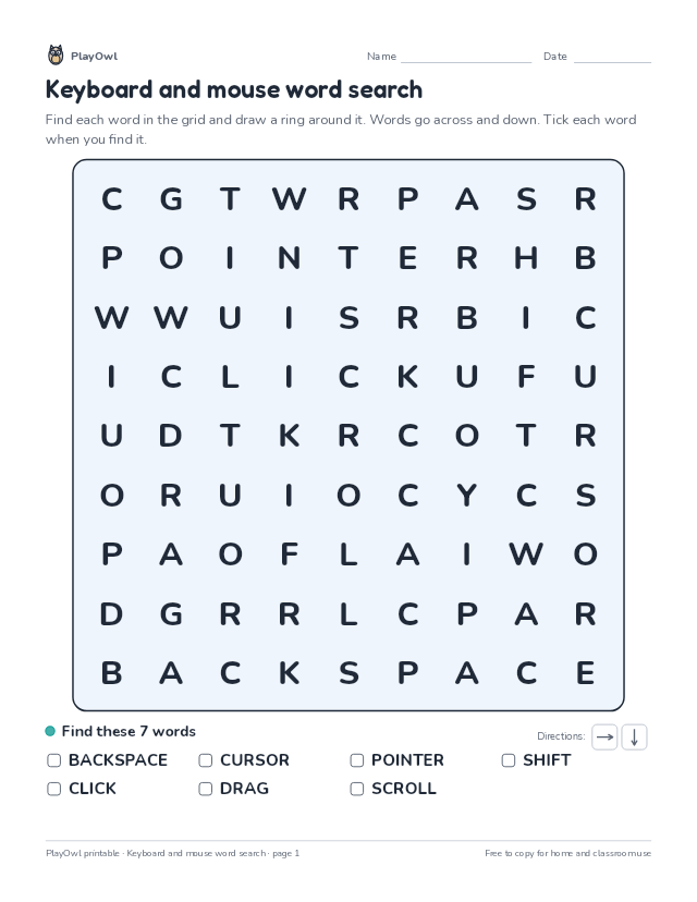 Keyboard and mouse word search: word search for Grade 1, page 1 preview