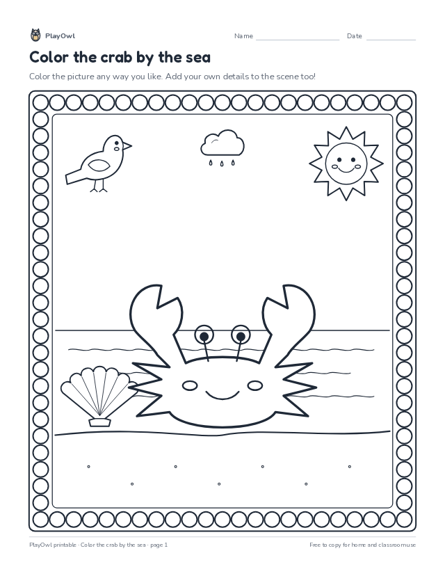 Color the crab by the sea: coloring page for Grades 1–5, page 1 preview