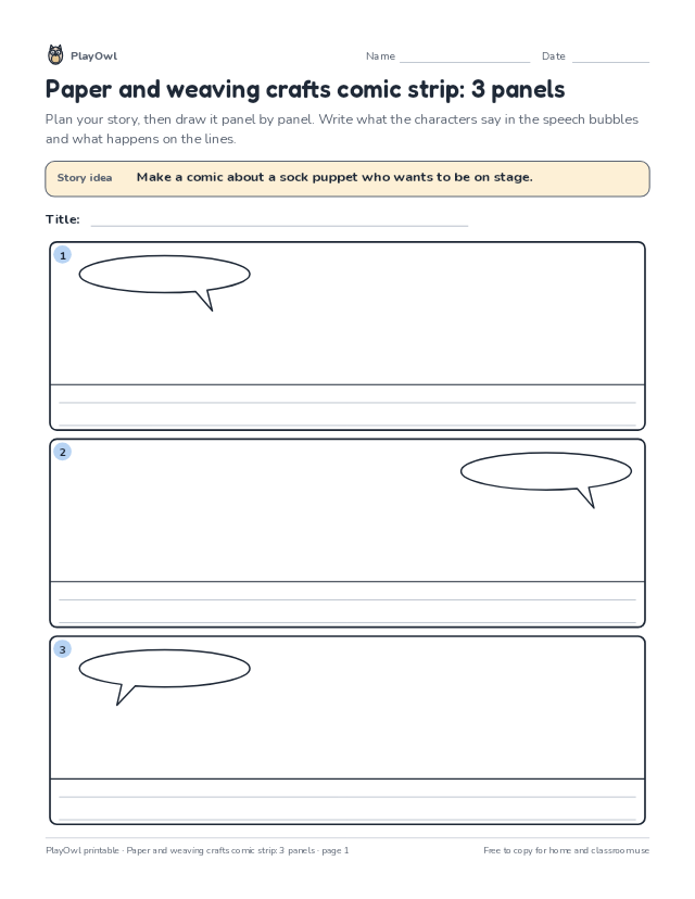 Paper and weaving crafts comic strip: 3 panels: comic strip worksheet for Grade 1, page 1 preview