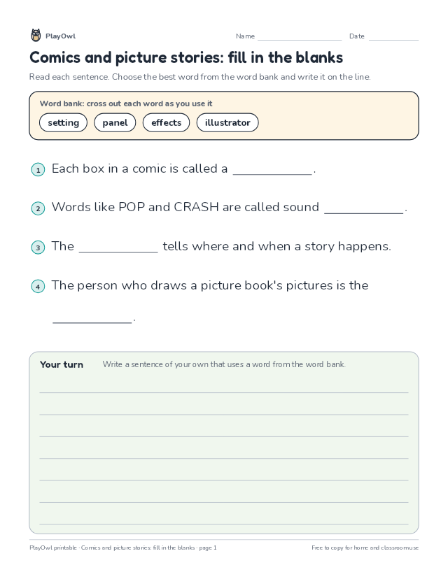 Comics and picture stories: fill in the blanks: fill-in-the-blank worksheet for Grade 1, page 1 preview