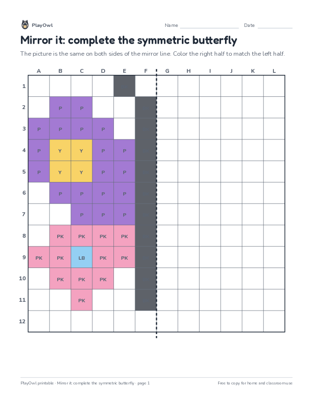 Mirror it: complete the symmetric butterfly: grid drawing worksheet for Grades 1–3, page 1 preview