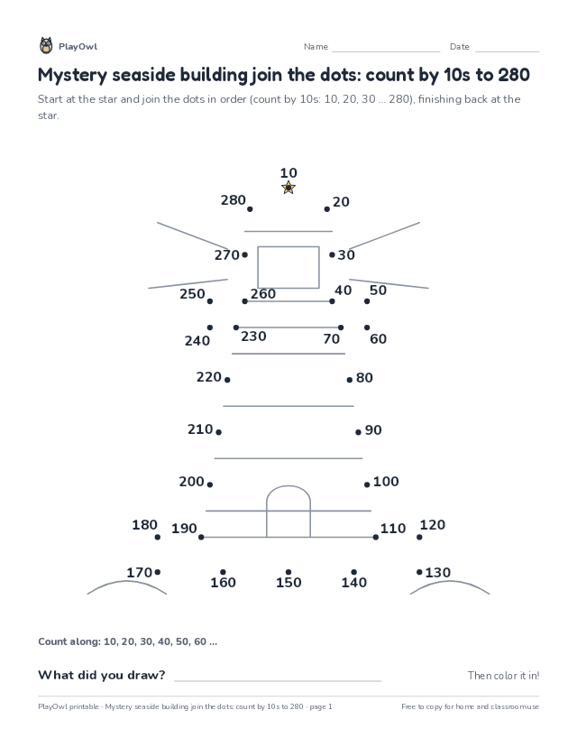 Mystery seaside building join the dots: count by 10s to 280: dot-to-dot for Grade 1, page 1 preview