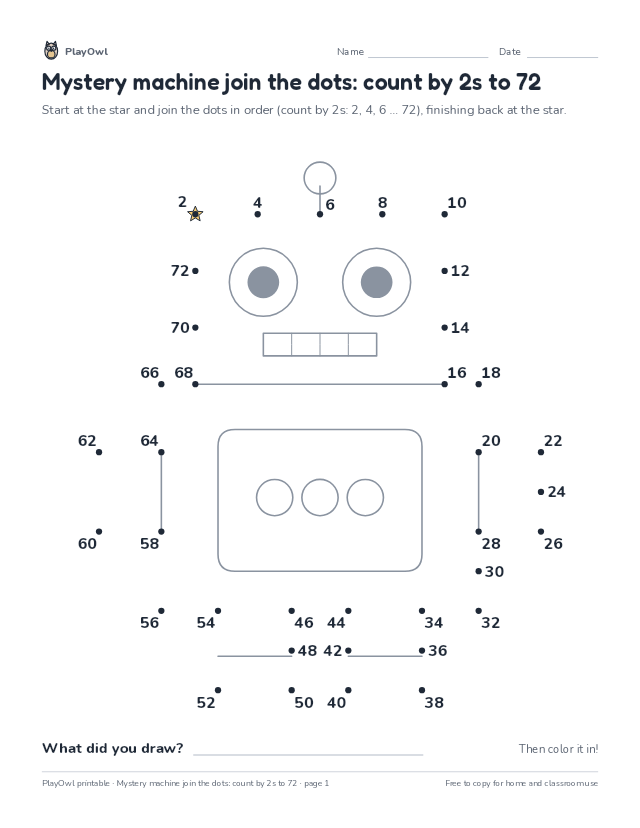 Mystery machine join the dots: count by 2s to 72: dot-to-dot for Grade 1, page 1 preview