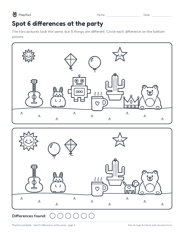 Spot 6 differences at the party: spot the difference puzzle for Grade 1, page 1 preview