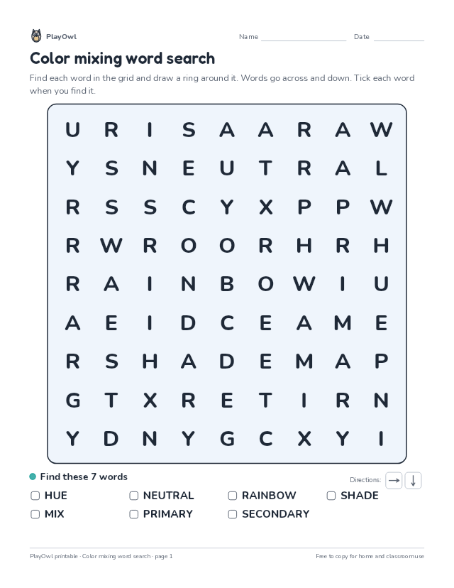 Color mixing word search: word search for Grade 1, page 1 preview