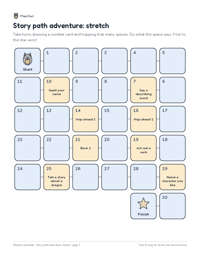Story path adventure: stretch: printable board game for Grades 1–2, page 1 preview