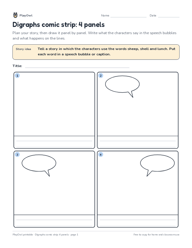 Digraphs comic strip: 4 panels: comic strip worksheet for Grade 1, page 1 preview