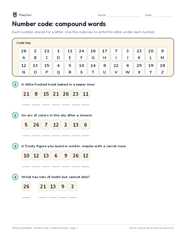 Number code: compound words: secret code puzzle for Grade 1, page 1 preview