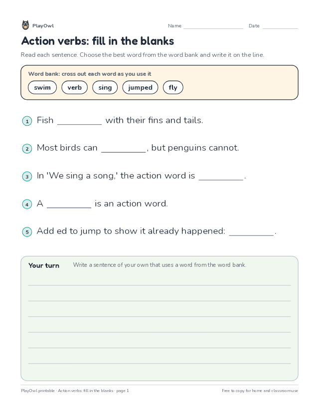 Action verbs: fill in the blanks: fill-in-the-blank worksheet for Grade 1, page 1 preview