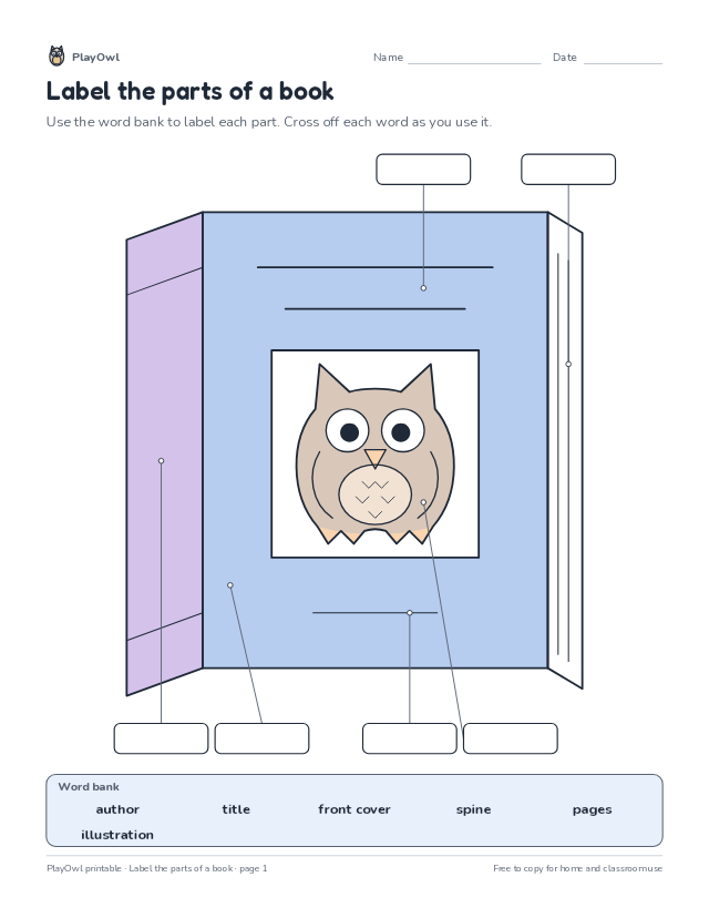 Label the parts of a book: diagram diagram worksheet for Grade 1, page 1 preview