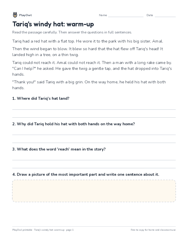 Tariq's windy hat: warm-up: reading passage for Grade 1, page 1 preview
