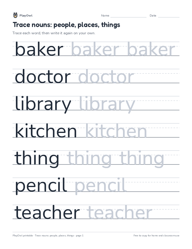 Trace nouns: people, places, things: tracing worksheet for Grade 1, page 1 preview
