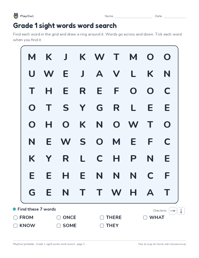 Grade 1 sight words word search: word search for Grade 1, page 1 preview