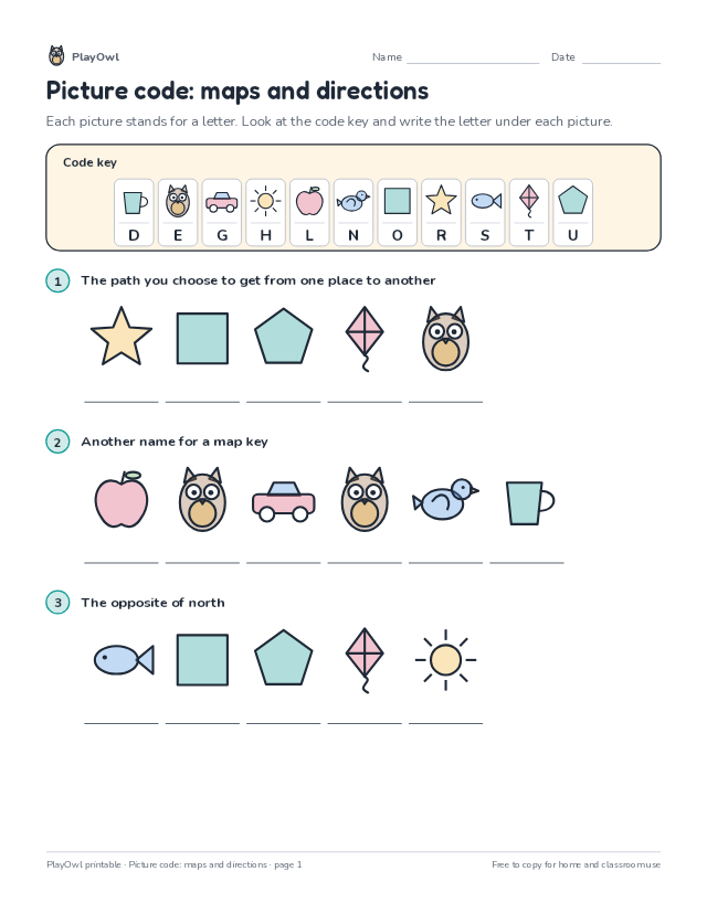 Picture code: maps and directions: secret code puzzle for Grade 1, page 1 preview