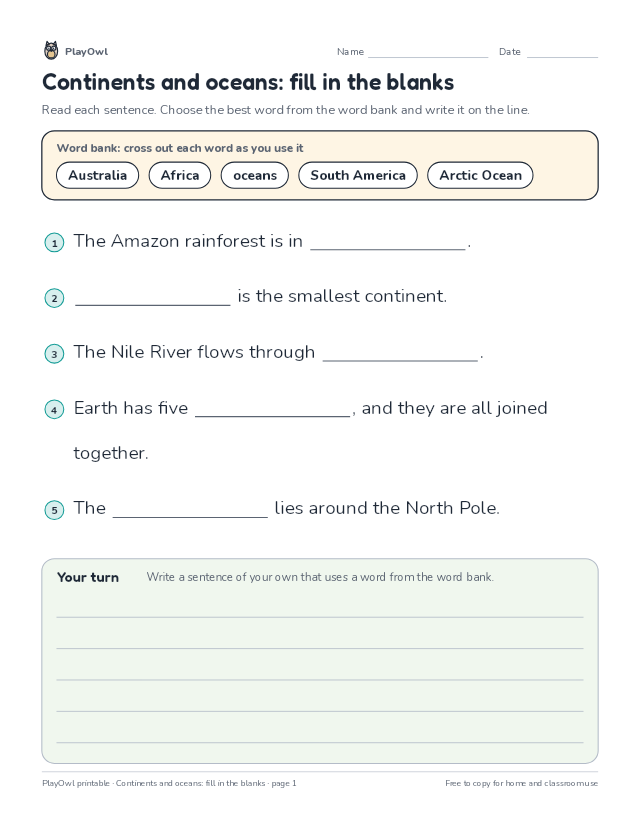 Continents and oceans: fill in the blanks: fill-in-the-blank worksheet for Grade 1, page 1 preview