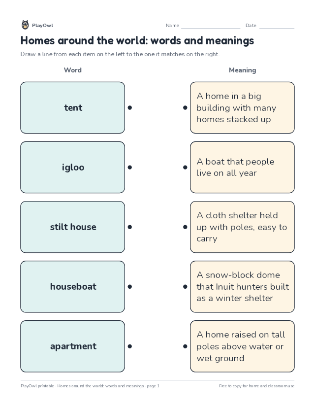 Homes around the world: words and meanings: matching worksheet for Grade 1, page 1 preview