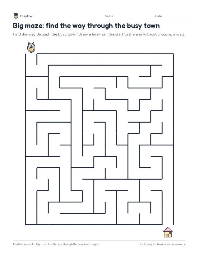 Big maze: find the way through the busy town: maze for Grade 1, page 1 preview