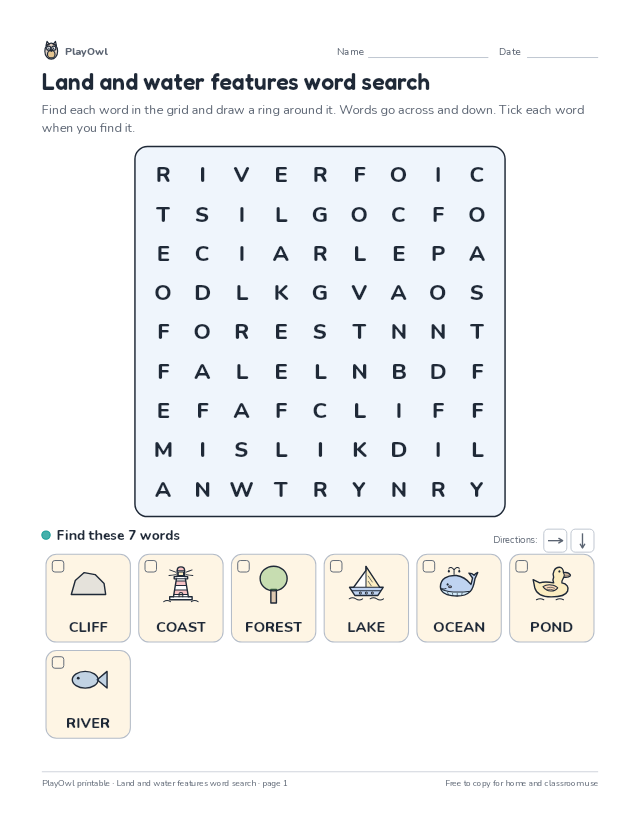 Land and water features word search: word search for Grade 1, page 1 preview