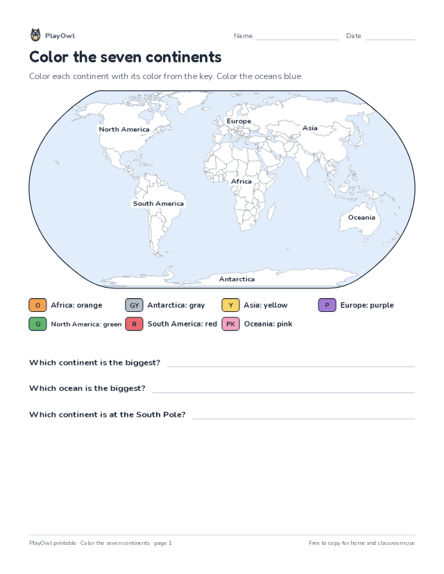 Color the seven continents: map worksheet for Grades 1–2, page 1 preview