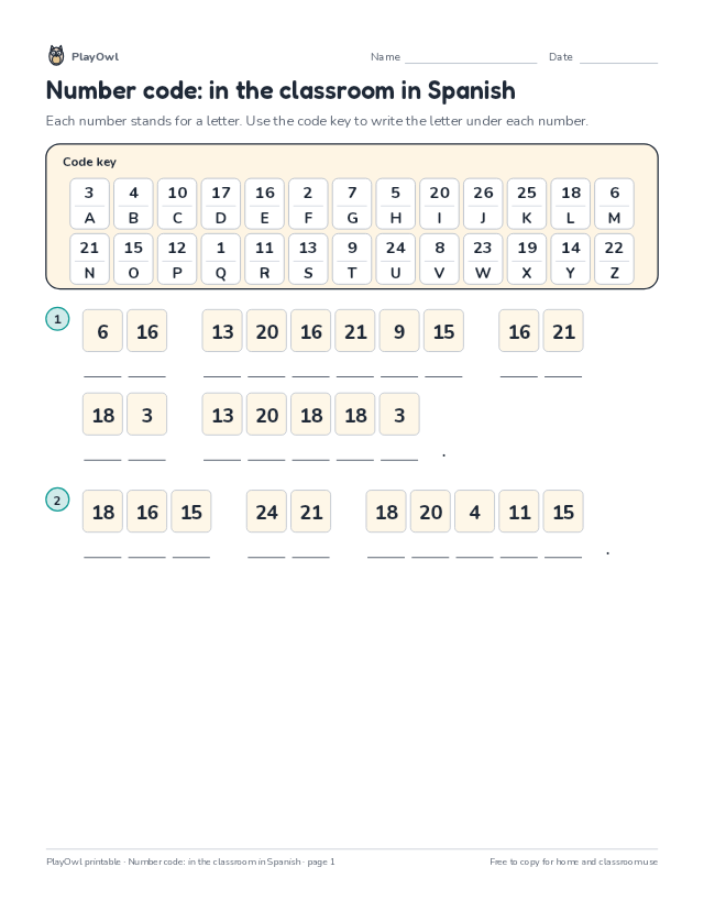 Number code: in the classroom in Spanish: secret code puzzle for Grade 1, page 1 preview