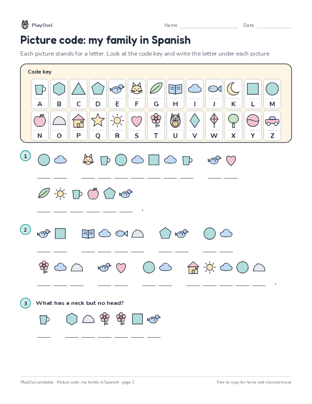 Picture code: my family in Spanish: secret code puzzle for Grade 1, page 1 preview
