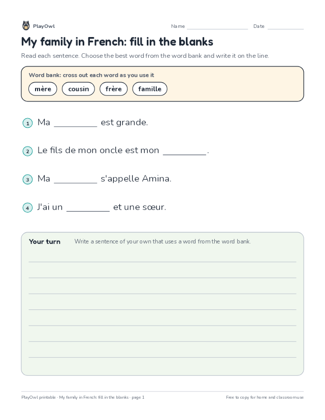 My family in French: fill in the blanks: fill-in-the-blank worksheet for Grade 1, page 1 preview