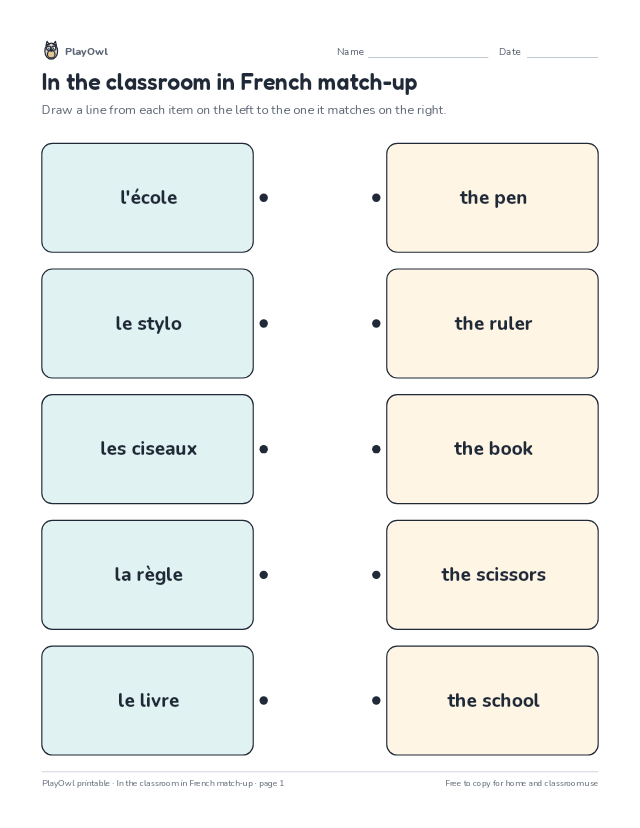 In the classroom in French match-up: matching worksheet for Grade 1, page 1 preview