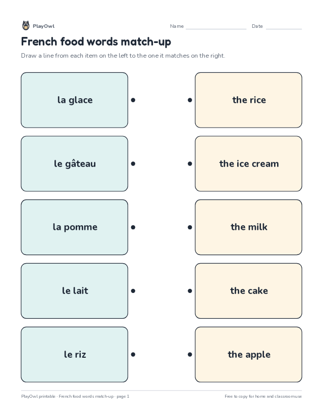 French food words match-up: matching worksheet for Grade 1, page 1 preview