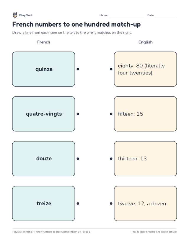 French numbers to one hundred match-up: matching worksheet for Grade 1, page 1 preview
