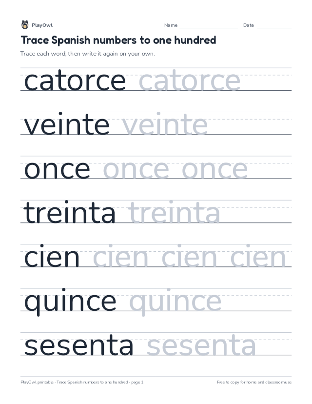 Trace Spanish numbers to one hundred: tracing worksheet for Grade 1, page 1 preview