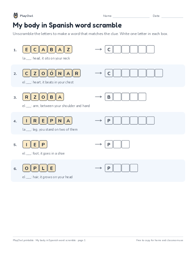 My body in Spanish word scramble: word scramble for Grade 1, page 1 preview