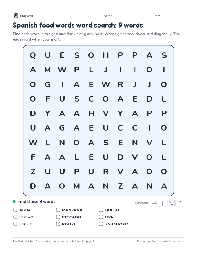 Spanish food words word search: 9 words: word search for Grade 1, page 1 preview