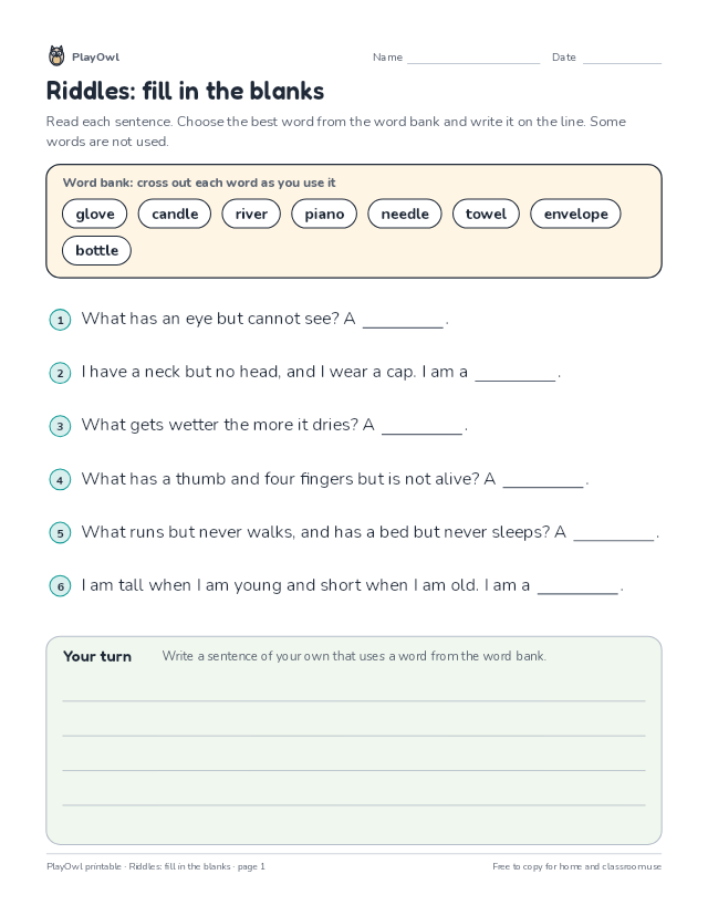 Riddles: fill in the blanks: fill-in-the-blank worksheet for Grade 1, page 1 preview