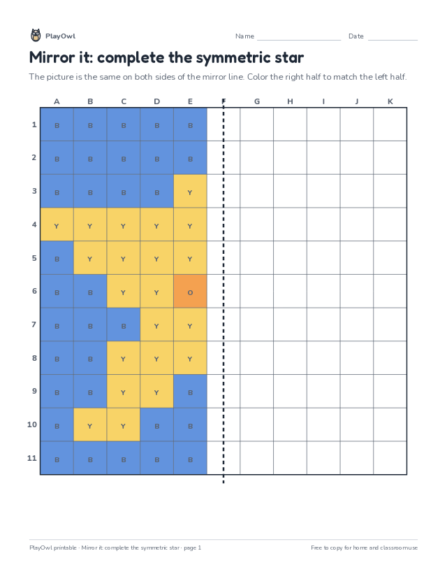 Mirror it: complete the symmetric star: grid drawing worksheet for Grades 1–2, page 1 preview