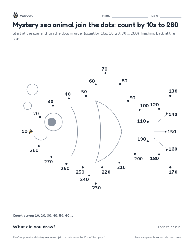 Mystery sea animal join the dots: count by 10s to 280: dot-to-dot for Grade 1, page 1 preview