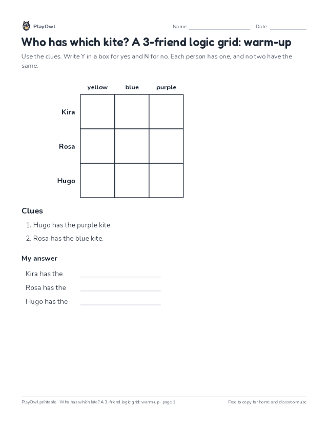 Who has which kite? A 3-friend logic grid: warm-up: logic puzzle for Grade 1, page 1 preview