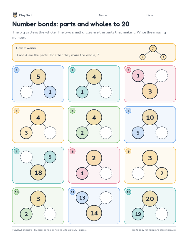 Number bonds: parts and wholes to 20: math puzzle for Grade 1, page 1 preview