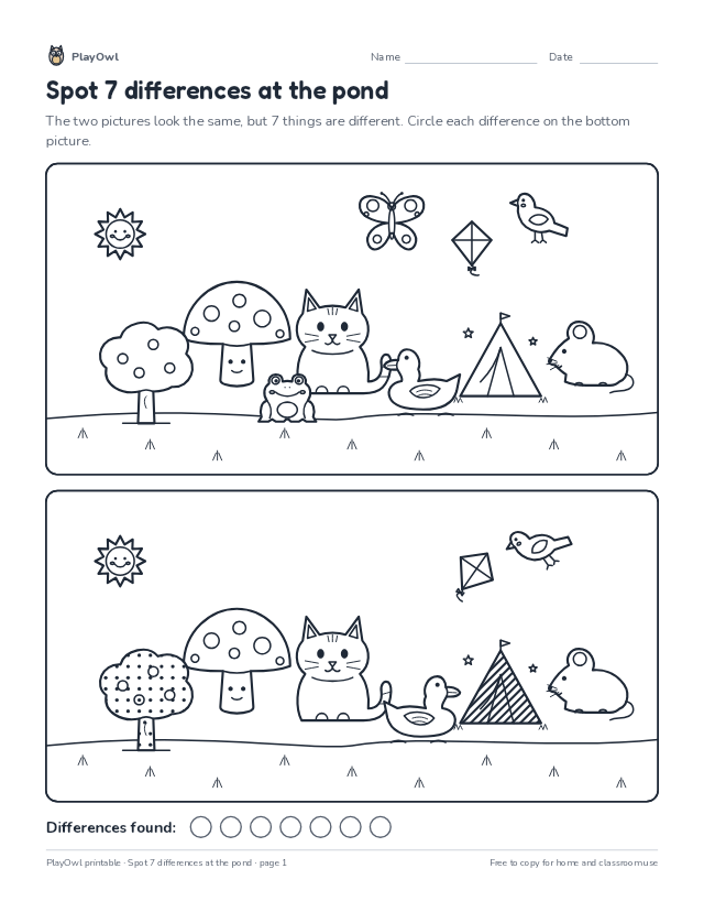 Spot 7 differences at the pond: spot the difference puzzle for Grade 1, page 1 preview
