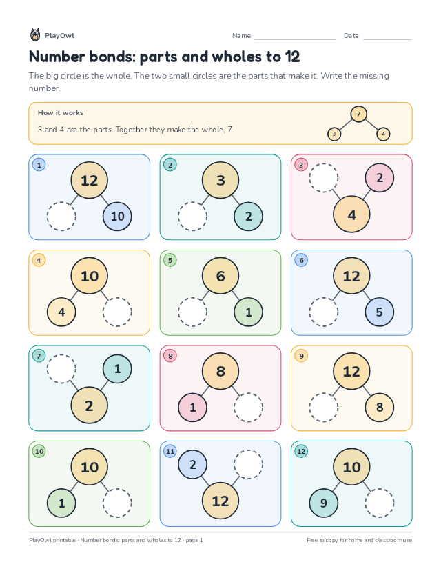 Number bonds: parts and wholes to 12: math puzzle for Grade 1, page 1 preview