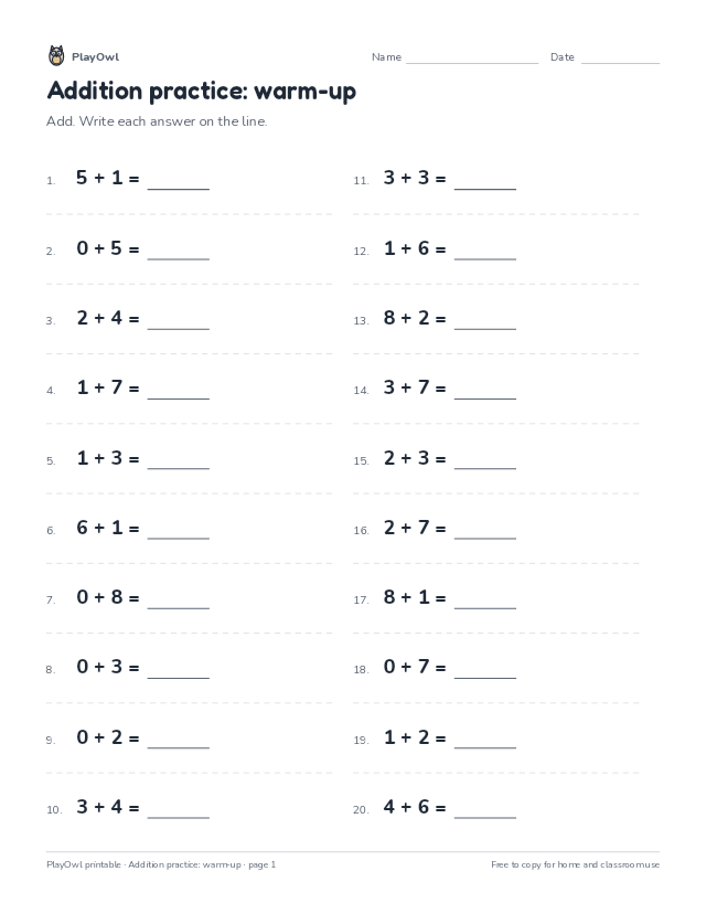 Addition practice: warm-up: math worksheet for Grade 1, page 1 preview