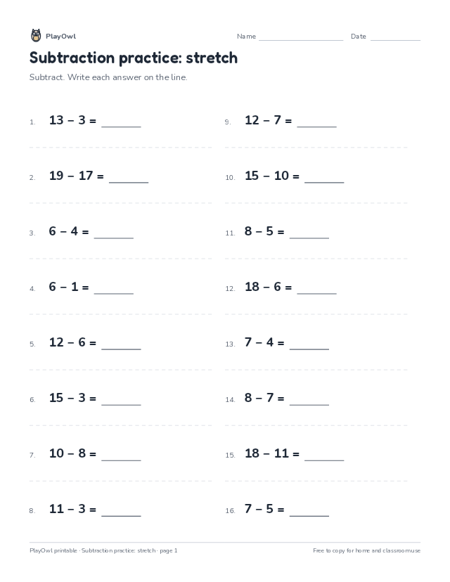 Subtraction practice: stretch: math worksheet for Grade 1, page 1 preview